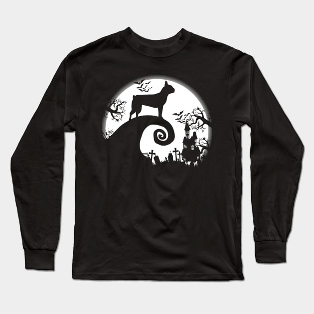 Boston Terrier And Halloween Moon Long Sleeve T-Shirt by Jenna Lyannion